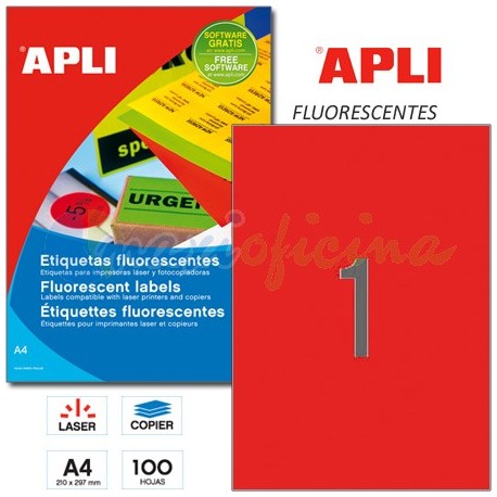 Etiquetas Adhesivas Apli Rojo Fluorescente 210x297mm 100h