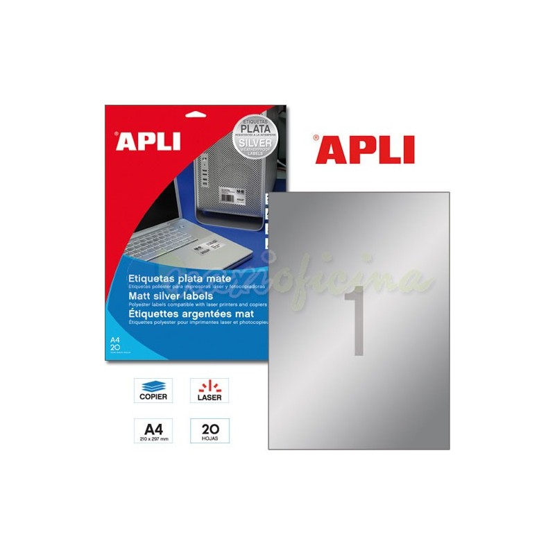 Etiquetas Adhesivas Apli en color Plata metalizado 210x297mm 10071