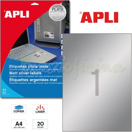 Etiquetas Adhesivas Apli en color Plata metalizado 210x297mm 10071