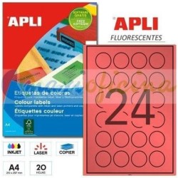 Etiquetas Adhesivas Circulares Rojo Fluorescente 40mm diámetro. 20H