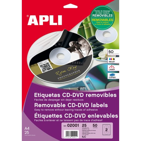 Bolsa Etiquetas Apli Blancas Removible CD-ROM 114 25 hojas