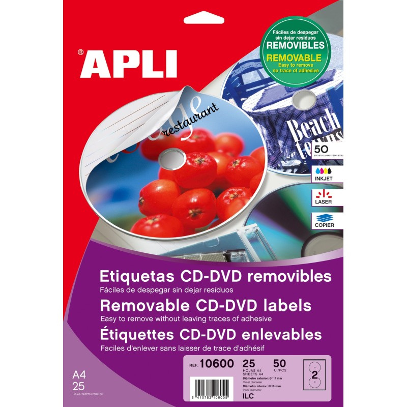 Bolsa Etiquetas Apli CD REMOVIBLES 25 hojas