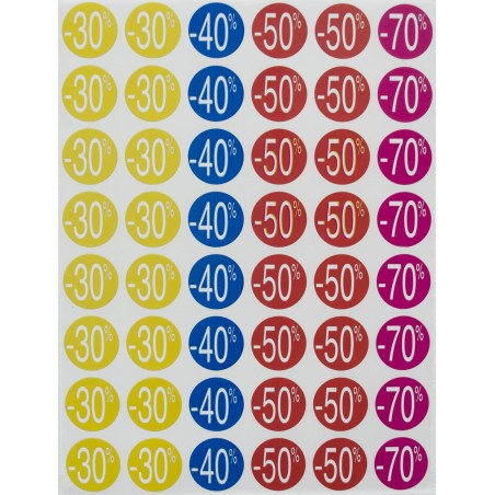 Etiquetas de descuento -30%/-70% Ø 24 mm 5 hojas 10 bolsas