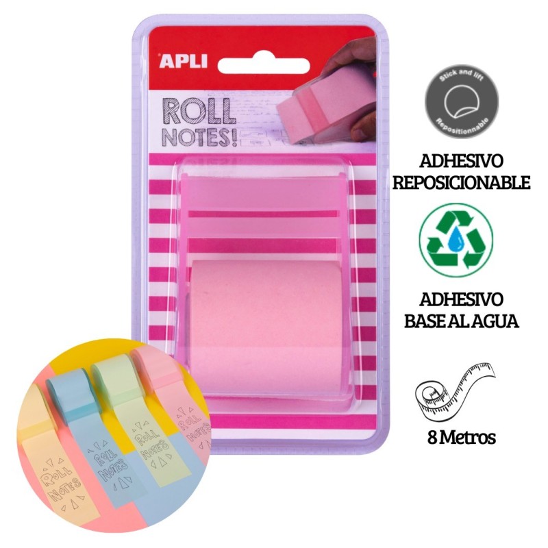 Rollo dispensador de nota adhesiva 50 mm x 8 m color rosa pastel