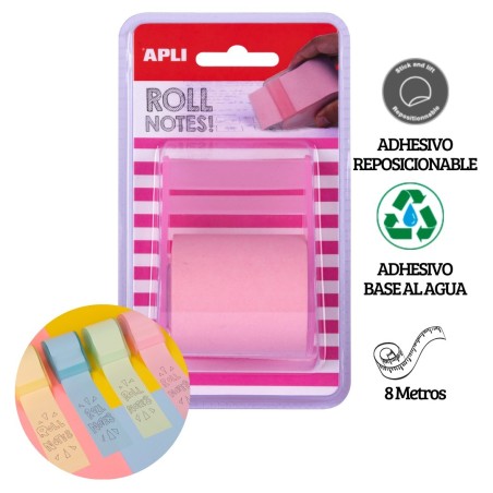 Rollo dispensador de nota adhesiva 50 mm x 8 m color rosa pastel