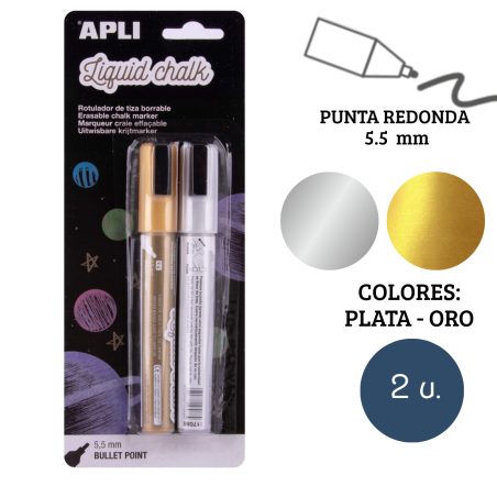 Rotuladores tiza líquida punta redonda 5,5 mm colores oro y plata