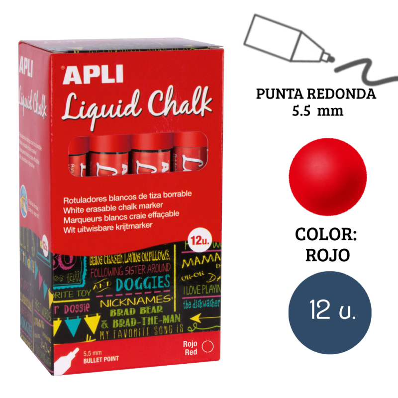 Rotulador tiza líquida punta redonda 5,5 mm rojo 12 u.