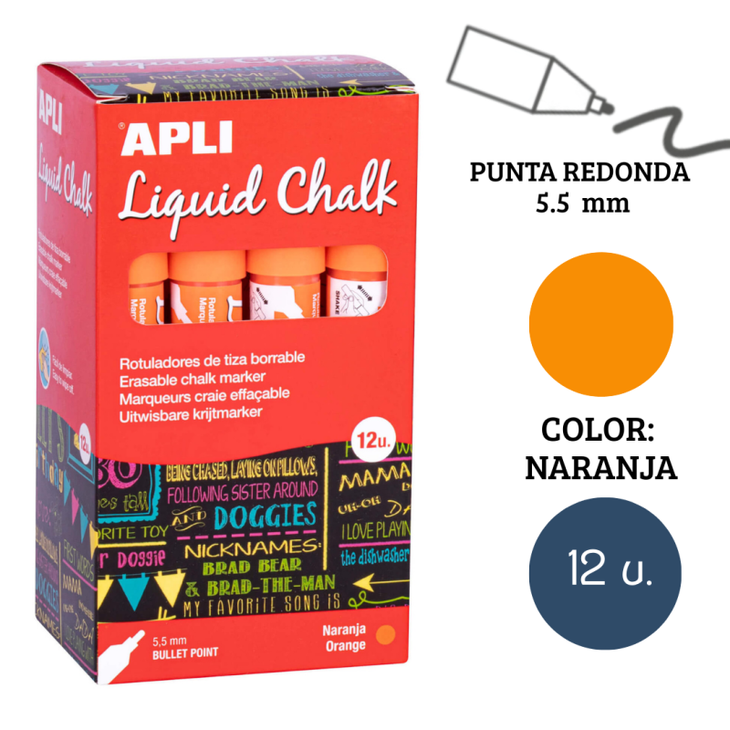 Rotulador tiza líquida punta redonda 5,5 mm naranja 12 u.