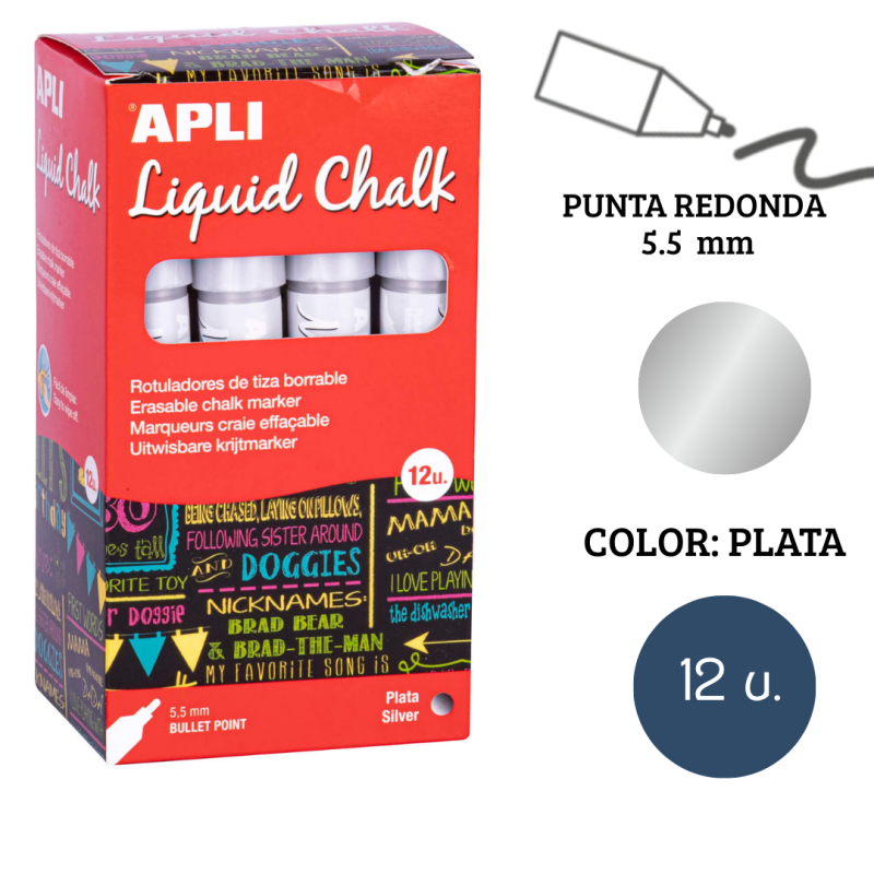 Rotulador tiza líquida punta redonda 5,5 mm plata 12 u.
